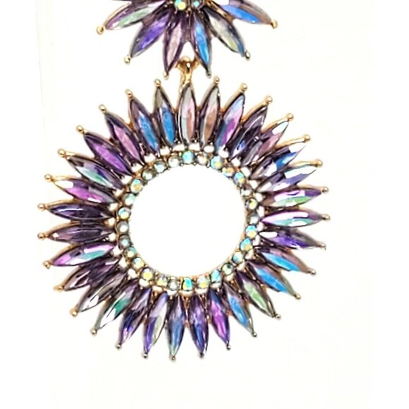 Amethyst Rhinestone Faceted Starburst Floral Statement Gold Tone Post Earrings - Picture 2 of 5